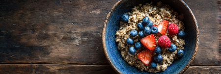 A nourishing bowl of oatmeal features vibrant strawberries, blueberries, and raspberries, set on a wooden table during a relaxing breakfast.の素材
