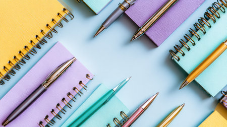 A vibrant layout showcases various pens and spiral notepads in pastel colors on a light blue surface, creating an inviting workspace atmosphere.の素材