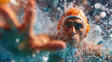 An athlete in a bright cap swims with determination, reaching out as water splashes around, capturing the intensity of a close competition.の素材