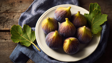 Seven ripe figs are neatly placed on a white plate, surrounded by green fig leaves, resting on a linen cloth on a wooden table in afternoon light.の素材