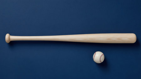 A wooden baseball bat lies next to a baseball on a solid blue surface, highlighting essential gear for baseball enthusiasts and recreational players.の素材