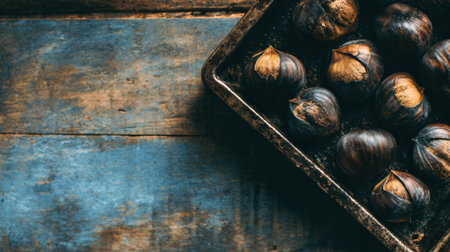 A collection of roasted chestnuts sits on a dark tray, showcasing their rich brown shells against a weathered blue wooden surface, evoking autumn harvest vibes.の素材