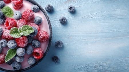 A vibrant bowl filled with frozen raspberries and blueberries, garnished with fresh mint leaves, resting on a light blue wooden table in natural light.の素材