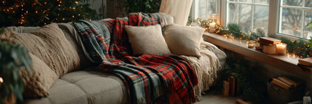 A cozy living room adorned with a warm blanket, plush cushions, and festive decorations, creating an inviting atmosphere for the winter holiday season.の素材