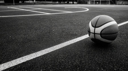 A basketball lies on the court, showing a calm moment before a game in a city park, surrounded by empty bleachers and trees in the background.の素材