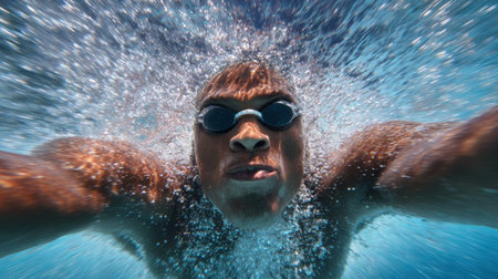 A determined swimmer dives underwater in a clear pool, showcasing strength and focus during training on a bright sunny day.の素材