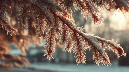 Pine branches coated in frost sparkle in the morning sunlight, creating a serene winter atmosphere in a peaceful urban park, capturing the seasons charm.の素材