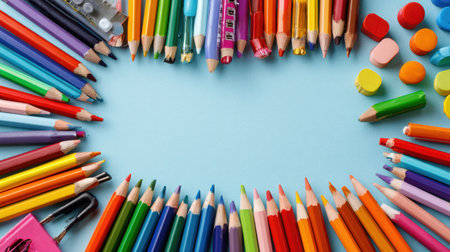 Brightly colored pencils, markers, and craft materials are organized around an empty area, inviting creativity for art and school projects.の素材