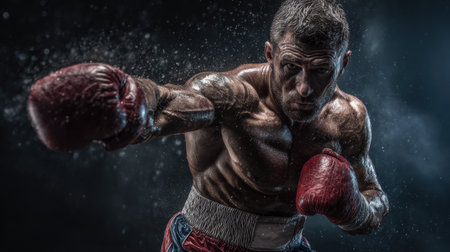 Fighter showcases strength and focus while training hard in a dimly lit gym, exuding determination and skill with each punch thrown.の素材