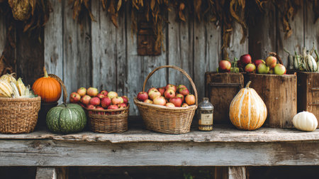 A vibrant array of pumpkins, apples, and gourds is showcased on a wooden table at a charming farm stand in a rural area during fall harvest time.の素材