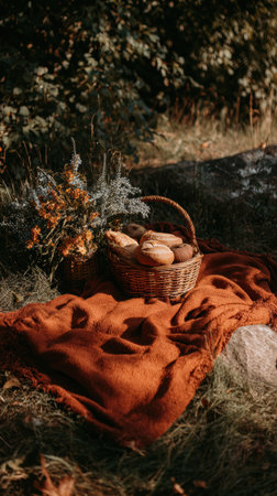 A picnic setting with a woven basket of bread and pastries, surrounded by wildflowers on a warm autumn afternoon, evoking comfort and relaxation.の素材