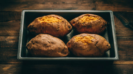 Four sweet potatoes are placed in a baking tray, resting on a rustic wooden table, illuminated by warm evening light, ready for cooking.の素材