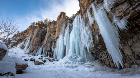 Stunning icicles hang from rugged cliffs, surrounded by snow-covered ground under a clear blue sky during winter, creating a breathtaking natural spectacle.の素材