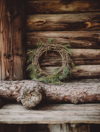 A pine wreath is displayed prominently on a rustic log wall, creating a warm and inviting atmosphere in a cozy wooden cabin setting.の素材