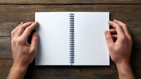 Hands rest on an open blank notebook placed on a rustic wooden table, creating a serene atmosphere for writing and inspiration in a personal workspace.の素材
