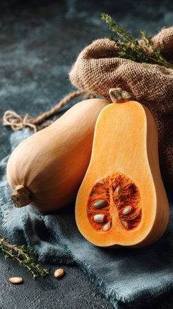 Butternut squash, cut in half to show its bright orange flesh and seeds, is showcased with burlap and herbs, ideal for fall recipes.の素材