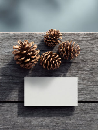 Pinecones surround a blank card on a rustic wooden surface, fostering a serene vibe for creativity and nature appreciation.の素材