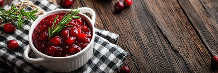 A bowl of fresh cranberry sauce sits on a checkered cloth atop a wooden table. The vibrant red cranberries surround the dish, adding to the autumn vibe.の素材