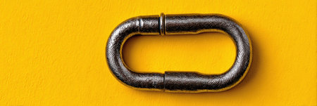 A sturdy metal chain link rests on a vibrant yellow surface, highlighting its texture and shape in a captivating contrast of color.の素材