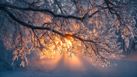 Golden sunlight breaks through icy branches, illuminating the serene winter environment in a peaceful and chilly morning setting.の素材