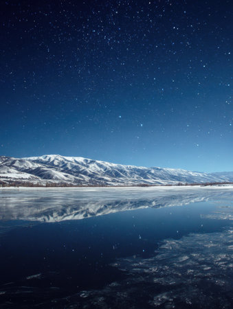 Beautiful winter landscape showing casing snow-covered mountains mirrored in a tranquil lake with a star-filled sky above during nighttime.の素材