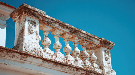 A weathered white balcony railing with intricate details stands out against a bright blue sky, showing the charm of historic architecture in daylight.の素材