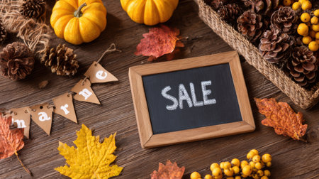 Colorful autumn decorations with orange pumpkins, pine cones, and fall leaves arranged around a wooden board stating sale on a rustic surface.の素材