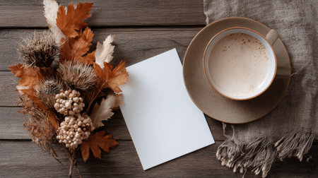 A warm beverage sits in a cup beside dried autumn leaves and decorative flowers on a rustic wooden table with a blank note ready for a message.の素材