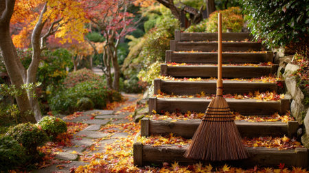 Vibrant red and yellow leaves cover wooden steps in a tranquil garden, while a traditional broom stands by, indicating recent tidying efforts.の素材