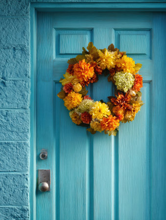 A cheerful floral wreath in shades of yellow and orange hangs on a vibrant teal door, bringing warmth to a quaint home during the autumn season.の素材