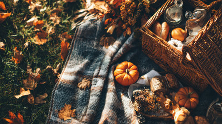 A wicker basket brimming with bread, fruits, and snacks is placed on a cozy blanket among fallen leaves and small pumpkins during a sunny autumn day.の素材