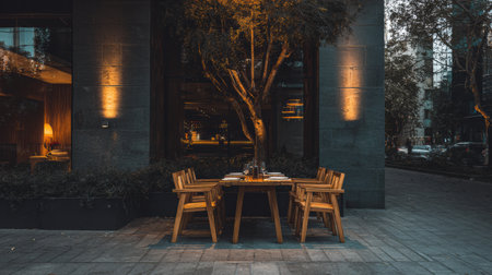 Outdoor dining area features a wooden table surrounded by chairs, beside a tree and softly lit by wall fixtures in a city atmosphere during dusk.の素材