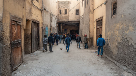 Crowded alleyway in a historic market area showing diverse people engaging in daily activities while a chicken wanders nearby under a clear sky.の素材