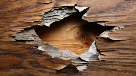 A significant hole in a wooden surface reveals the light wood beneath, showcasing damage and decay that indicates heavy use or neglect over time.の素材