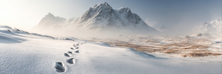 Footprints create a path through the untouched snow, leading towards towering mountain ranges under a clear blue sky in a calm winter landscape.の素材