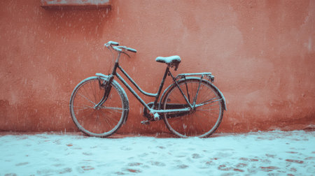 A vintage bicycle stands against a pink wall, covered with a layer of snow as snowflakes gently fall, creating a serene winter atmosphere.の素材