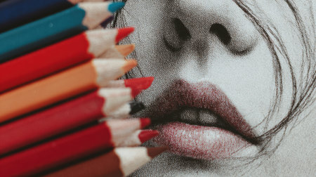 Close view of various colored pencils placed next to a highly detailed drawing of lips. The work emphasizes shading and the delicate texture of the subject.の素材