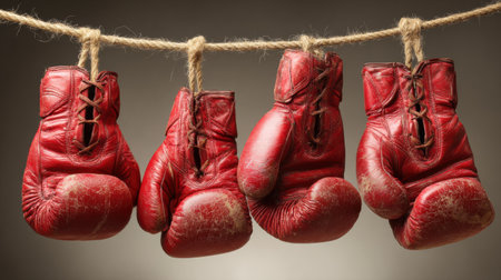 Four worn red boxing gloves hang from a rope, highlighting their history in training, surrounded by a neutral backdrop that enhances their details.の素材
