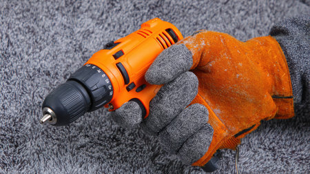 A hand grips an orange cordless drill with a gray textile backdrop, indicating preparation for a DIY project or repair work in a workshop environment.の素材