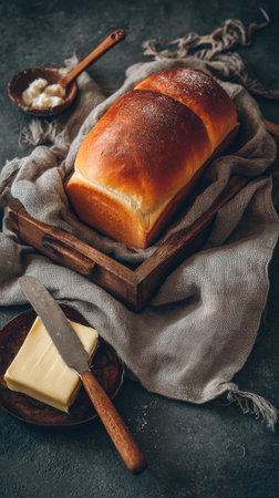 A warm, golden bread loaf sits on a wooden tray, accompanied by a knife and butter, all arranged on a soft, rustic cloth in a home kitchen.の素材