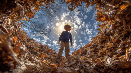 A young boy explores a large pile of colorful autumn leaves, surrounded by a vibrant sky filled with scattered clouds and sunlight filtering through.の素材