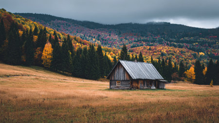 A rustic cabin stands alone in a golden meadow, framed by vibrant autumn foliage and distant hills under a cloudy sky, evoking a peaceful atmosphere.の素材