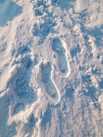 Footprints are imprinted in the soft, white snow, surrounded by untouched snow in a tranquil outdoor setting, indicating recent activity in a winter landscape.の素材