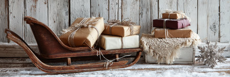 Beautiful vintage wooden sled rests on a snowy floor, adorned with wrapped gifts tied with twine. Decorative elements add charm to the winter scene.の素材
