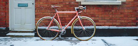 A pink bicycle rests beside a brick wall dusted with snow, with a white front door visible nearby in a cold winter atmosphere capturing seasonal beauty.の素材