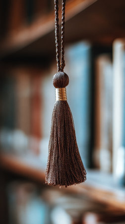 A beautifully crafted brown tassel dangles from above, contrasting with the blurred shelves filled with books in a warm library atmosphere.の素材
