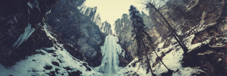 A frozen stunning waterfall cascades down rocky cliffs, flanked by snow-covered trees in a tranquil winter setting under a gray sky.の素材