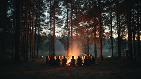 Friends are seated in a circle around a crackling campfire in a forest during twilight, sharing stories and enjoying the evening atmosphere.の素材