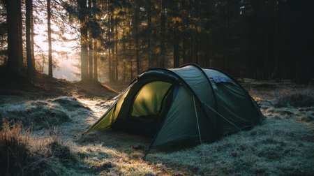 Nestled in a serene forest, a green tent welcomes campers as sunlight pierces through tall trees and morning mist blankets the ground.の素材
