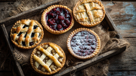 An assortment of fruit pies featuring berry fillings is arranged on a rustic wooden tray, creating a cozy and inviting atmosphere perfect for an afternoon treatの素材